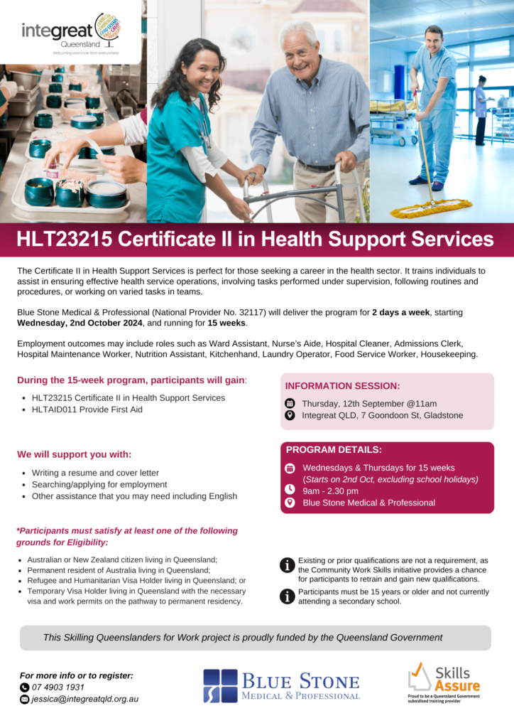 Cert II 2 in Health Support Services, Health Sector, Training upskilling learning skilling queenslanders for work SQW Gladstone IntegreatQLD Integreat blue stone medical & professional